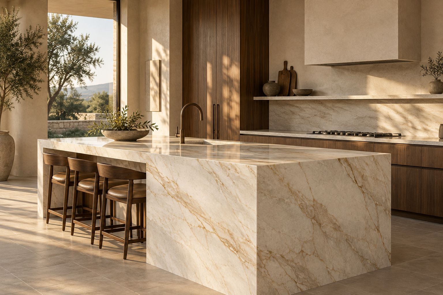 Architectural inspiration: a warm kitchen with a stone waterfall island